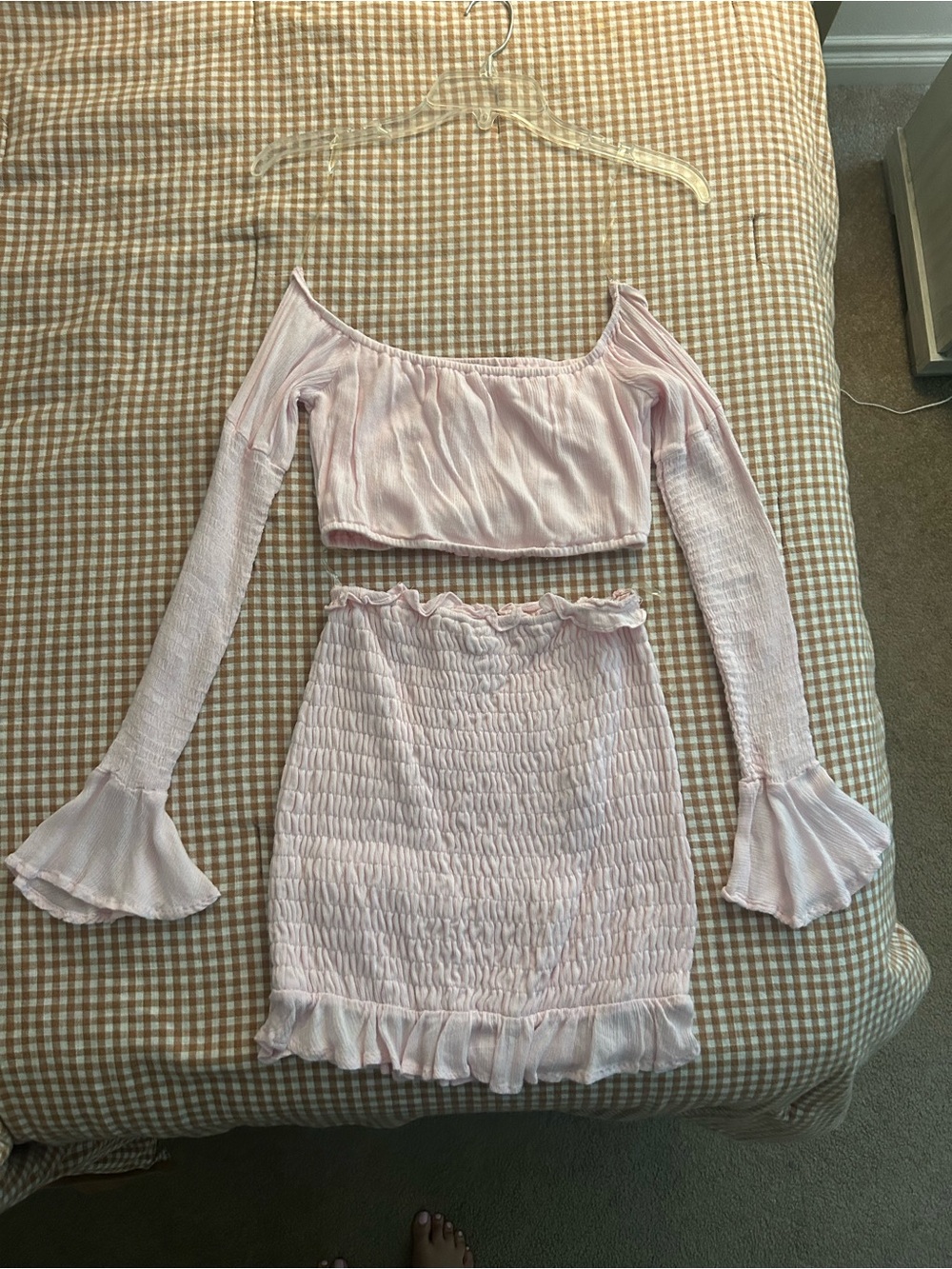 Fashion Nova Pale Pink Smocked Skirt & Off-Shoulder Crop Top Set